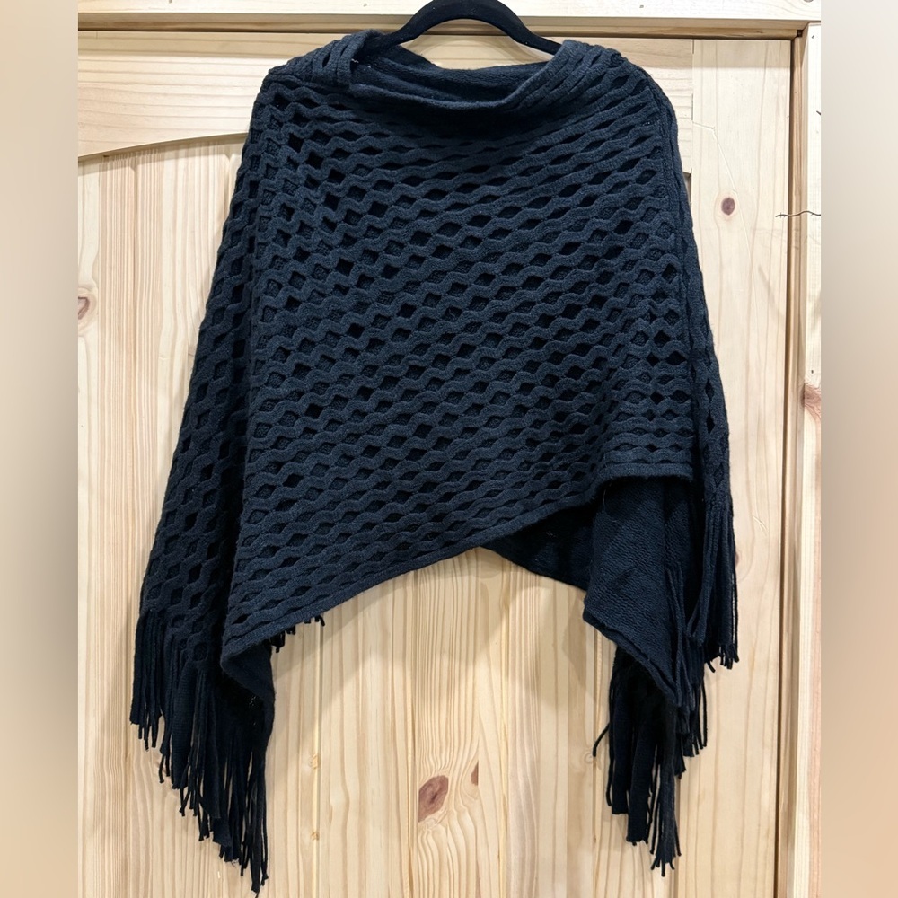 Black Open-Knit Fringe Women's Sweater Poncho